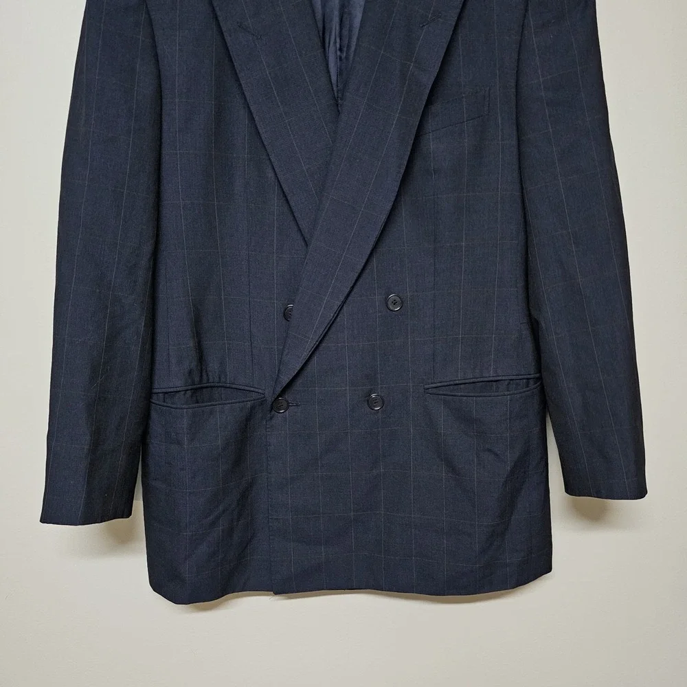 Ermenegildo Zegna Wool‎ Silk Blazer 42L Navy Windowpane Double Breasted Italy